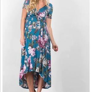 Pinkblush Blue Vintage Floral Hi-Low Maternity Wrap Dress
